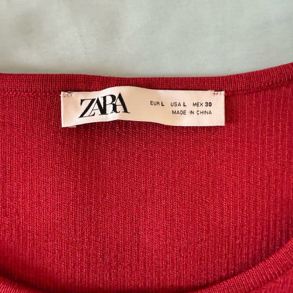 ZARA Red Ribbed Crewneck Sweater